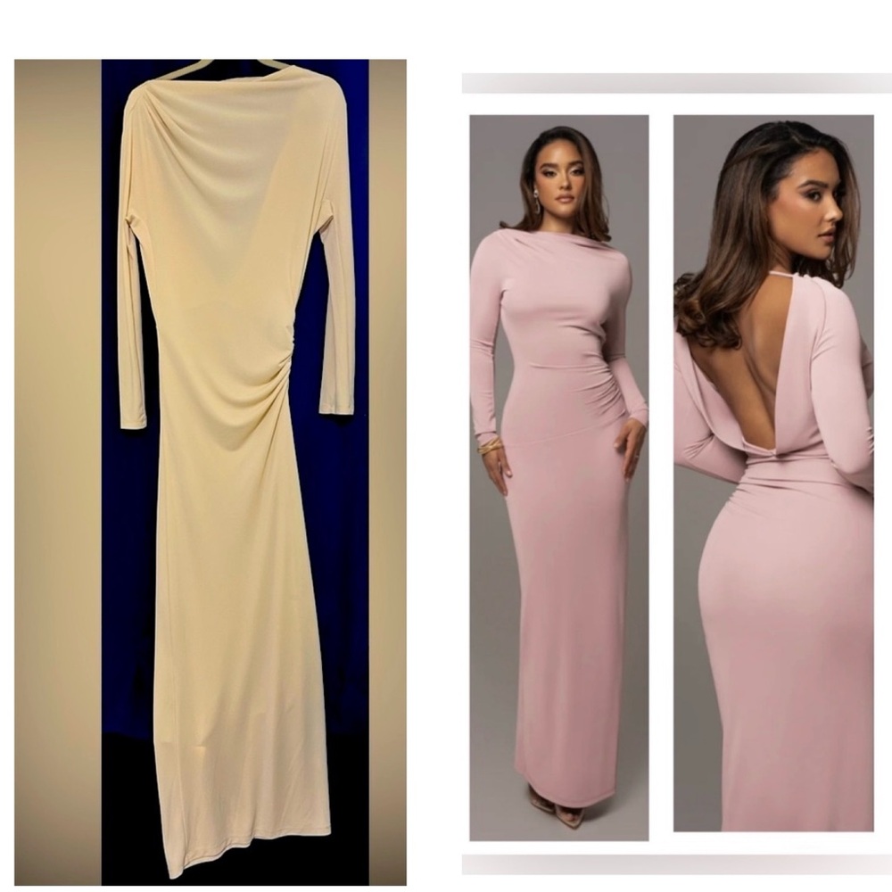 JLUX LABEL Cream Long Sleeve-Floor Length-Backless Kathleen Slit Dress - Medium